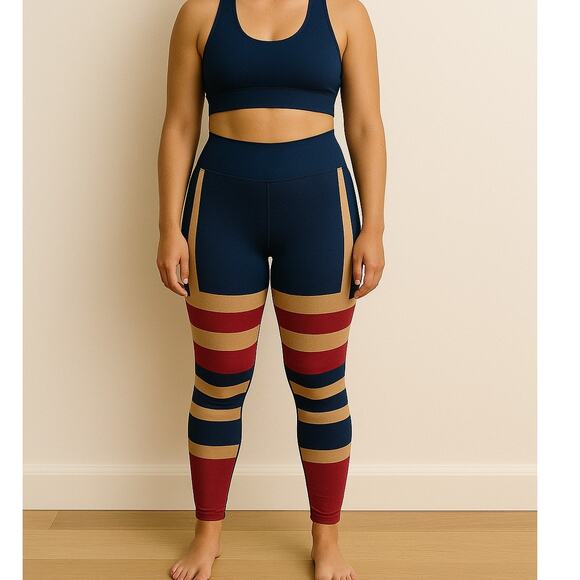 Free People Movement Seamless Stripe Leggings M/L Navy Red Tan Yoga Pants - Picture 1 of 10